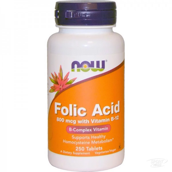 Фолиевая кислова и В12 , Folic Acid 800 mcg  - 250 tab , NOW Foods (CША) 