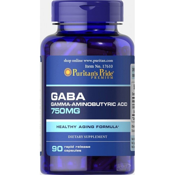 ГАМК (гамма-аминомасляная кислота) , Gaba 750mg - 90 caps , Puritans Pride (CША) 
