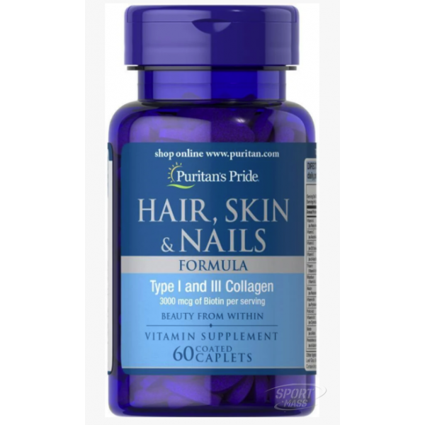 Формула для волос, кожи, ногтей , Hair, Skin , Nails Formula 1 and 3 type Collagen - 60 caps , Puritans Pride , CША 