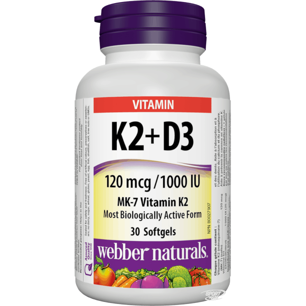 Витамин Д3 + К , Vitamin K2 + D3 120 mcg/1000IU - 30 caps , Webber Naturals (Канада) 